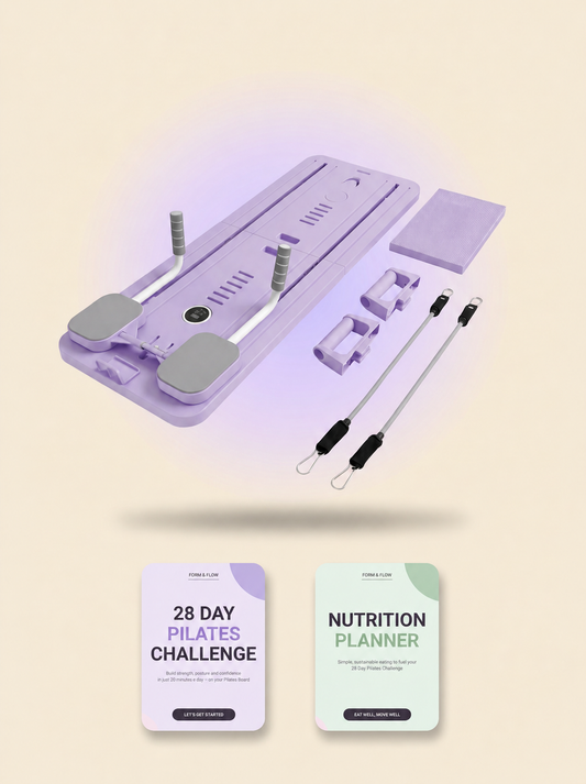 Form & Flow foldable pilates board with 28 Day Challenge and Nutrition Planner guides