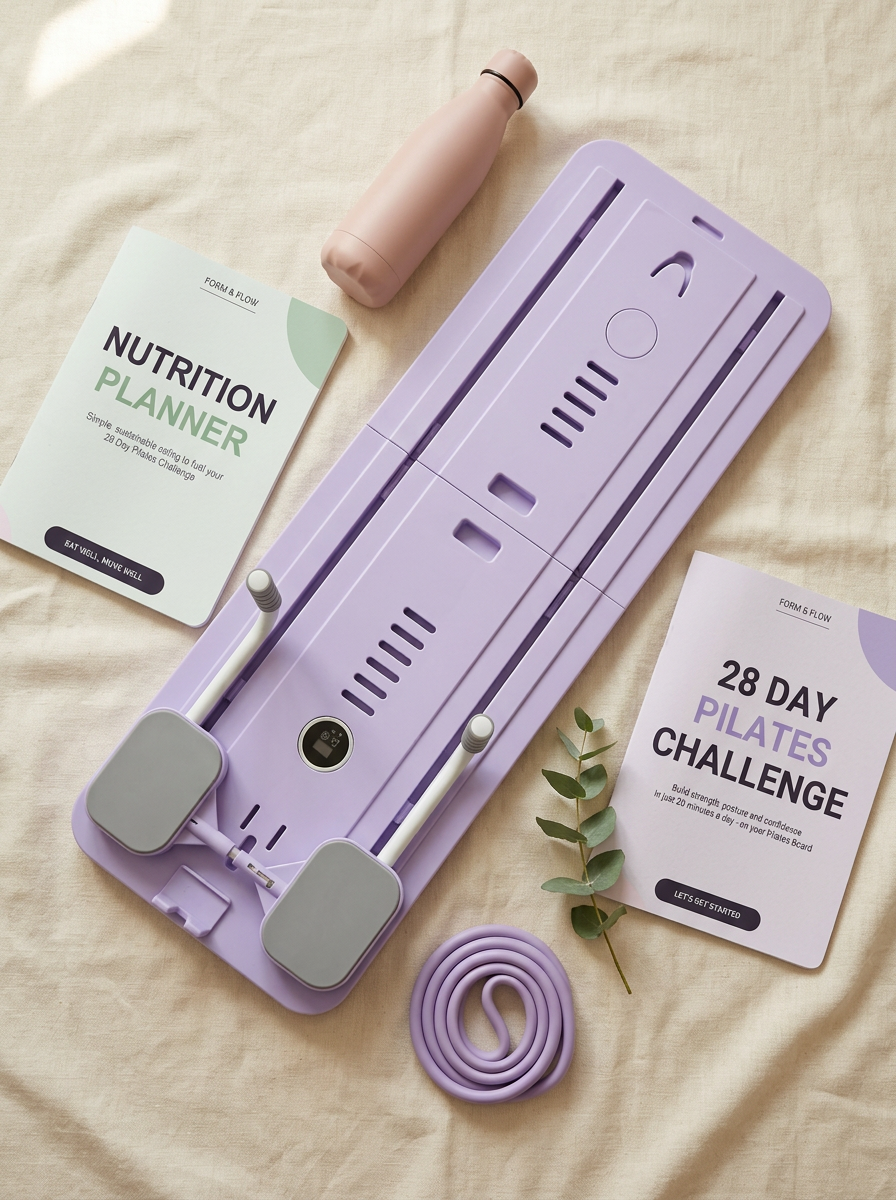 Overhead flat-lay of the Form & Flow pilates board system on cream linen