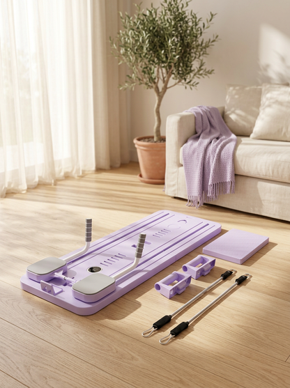 Form & Flow pilates board with resistance bands and knee pads on timber floor