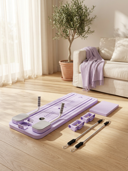 Form & Flow pilates board with resistance bands and knee pads on timber floor