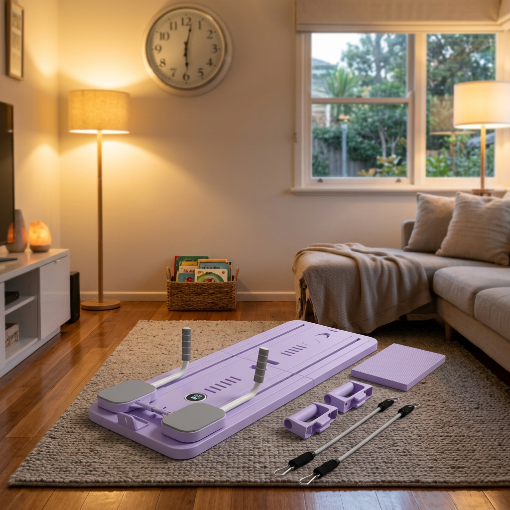 Form & Flow pilates board in a cozy living room, ready for a 20 minute workout